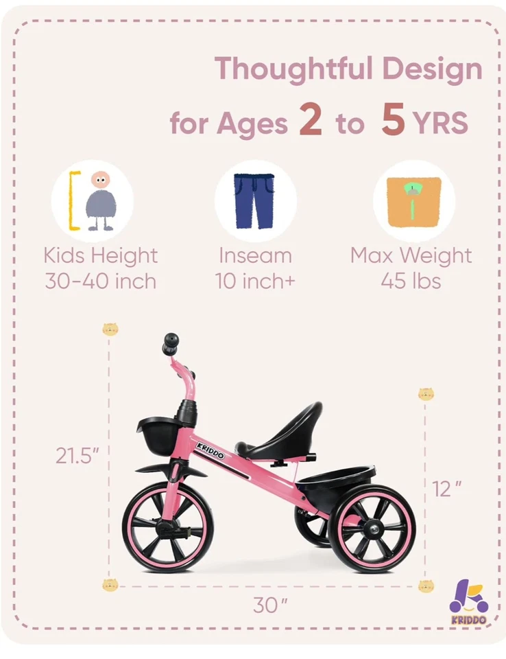 Трехколесный велосипед KRIDDO для детей 2-5 лет - розовый трехколесный велосипед с подарком на 24 месяца + - Изображение 3 из 4
