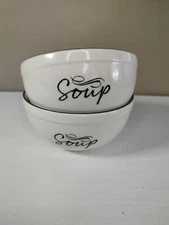 set of 2~Harry & David®️Farmhouse "Soup" Ceramic Cereal/Soup Bowls white 