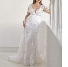 Elegant Mermaid Wedding Dresses V Neck Illusion Lace Long Sleeve Gown Plus Size