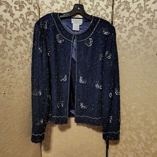 Adrianna Papell Occasions Blue Beaded Sequin Jacket Size 14