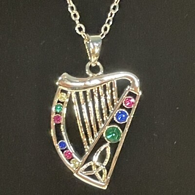 Celtic Harp Trinity Knot Pendant Rhodium Green Blue Pink Crystal Solvar Signed