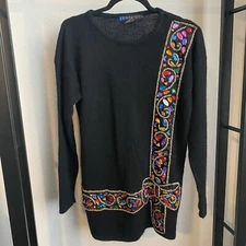 90s Women’s Holiday Sweater Bejeweled Bow Ribbon Design Wool Silk Angora Small