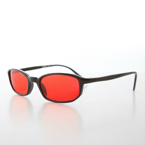 Small Black Rectangle Red Lens Vintage Sunglasses - Bard - Picture 2 of 3