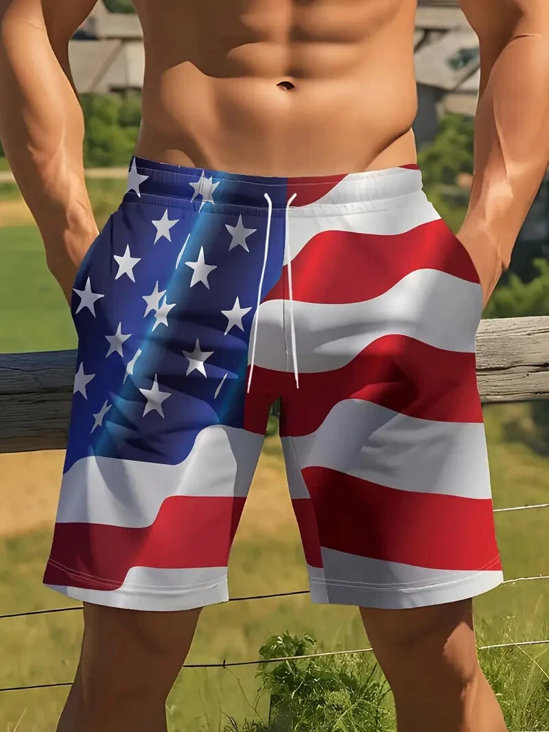 Men's Patriotic American Flag Print Beach Shorts - Quick-Dry, Drawstring Waist