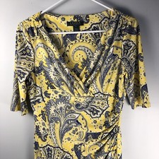 Lauren Ralph Lauren Sheath Dress Women SZ 4 Yellow Blue Paisley V-Neck Faux Wrap