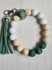 Handmade Wooden Beaded Keychain Wristlet With Tassel Wood Green White