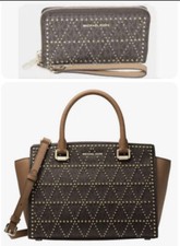 Michael Kors Selma Studded Leather Handbag Crossbody Purse And Zip Wallet Nwt!