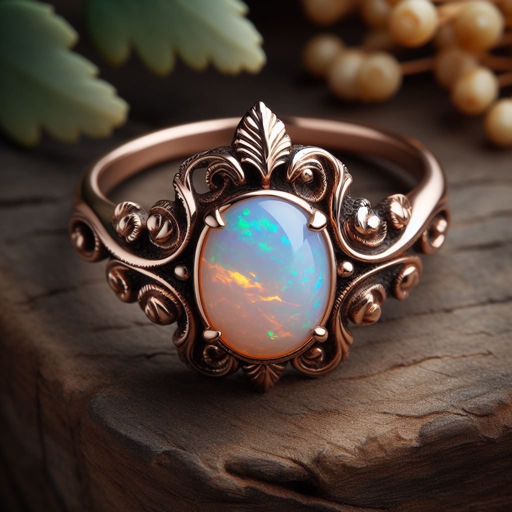 Natural Fire Opal Ring in 14K Gold Plated Vintage Ethiopian Opal Jewelry