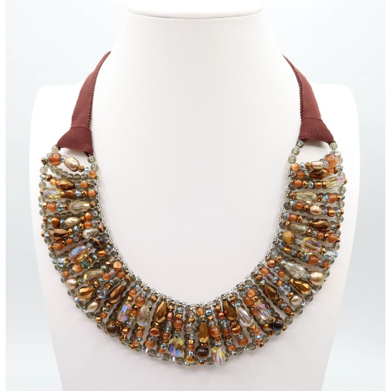 Talbots Neckless TALBOTS Caramel & Smoky Grey/Blue Beaded Collar Statement Necklace | eBay