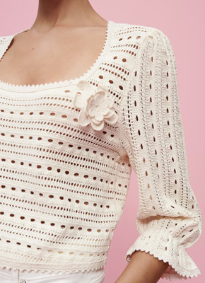 Maje women's sweater knitted sweater round neck 3/4 sleeve white size 3 / L New