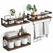 3 1 Floating Bathroom Shelves Over Toilet Wall Mount w/ Towel Bar, Rustic...