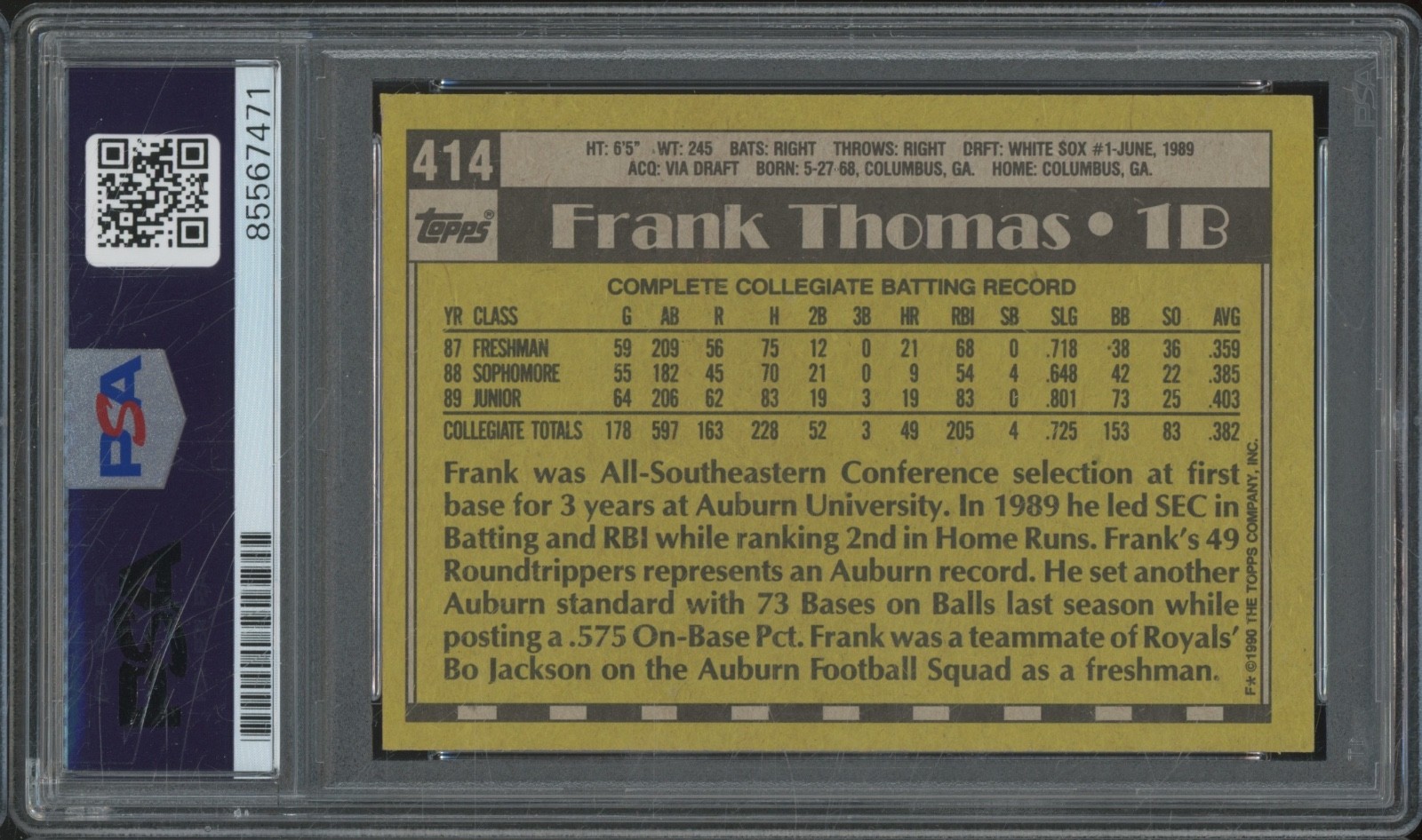 1990 Topps #414 Frank Thomas Autograph RC Rookie Gem Mint PSA DNA 10 Auto view 2