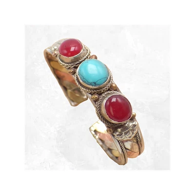 Bracelet tibétain tressé Turquoise Cornaline AST4.1 - Photo 1/2