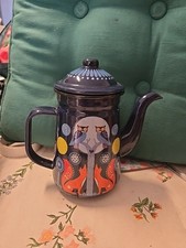 Nina Jarema Vintage Enamel Coffee Pot Nordic Blue White Folklore