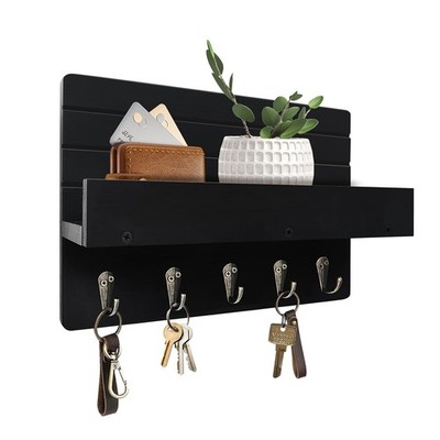 Black Rustic Wall Mount Key Holder with Shelf & 5 Hooks Home Key Storage