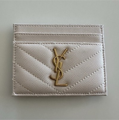 YSL Style White Quilted Leather Card Holder Gold Logo Slim Wallet