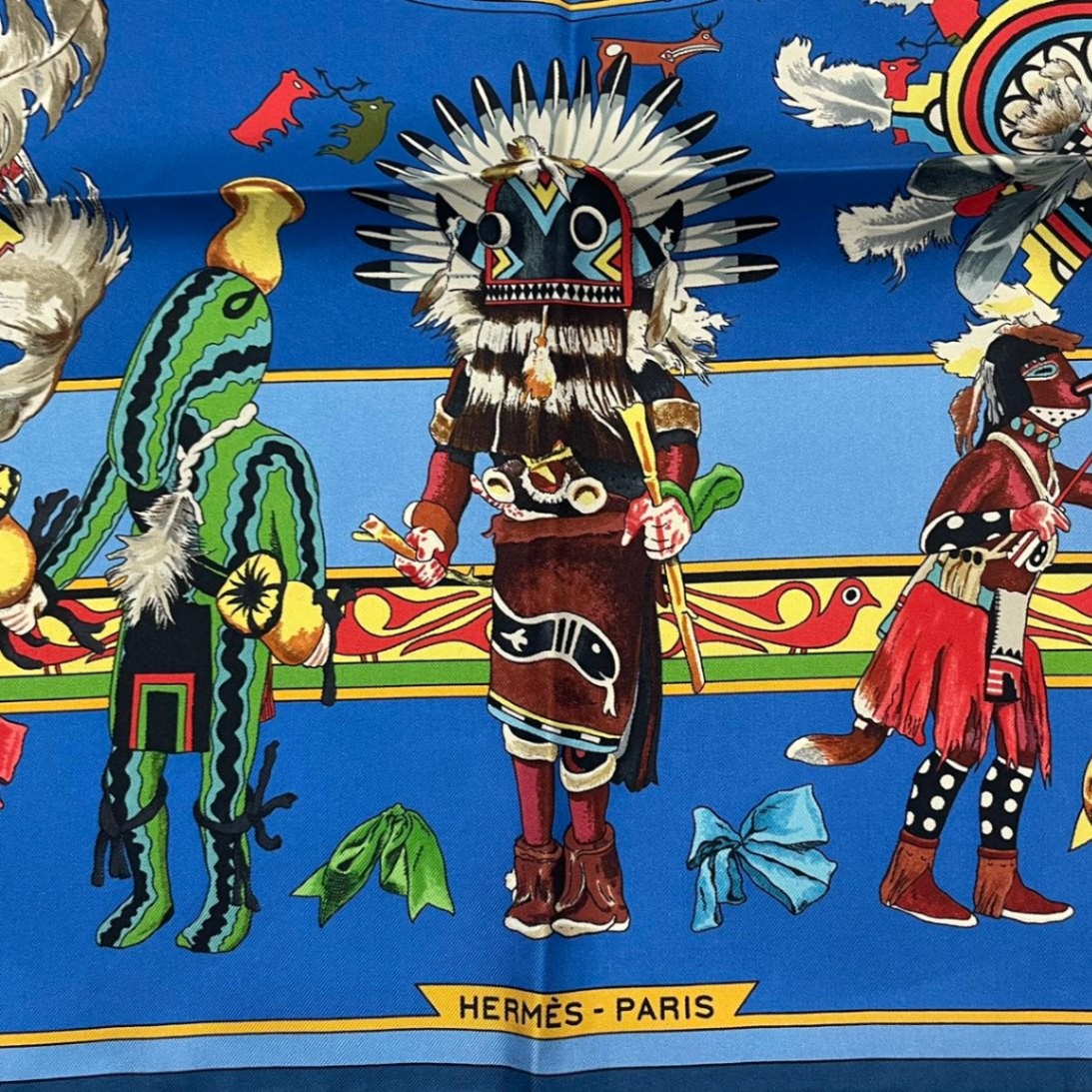 Excellent HERMES Carré 90 Silk Scarf “Kachinas” Blue – With Box image 8