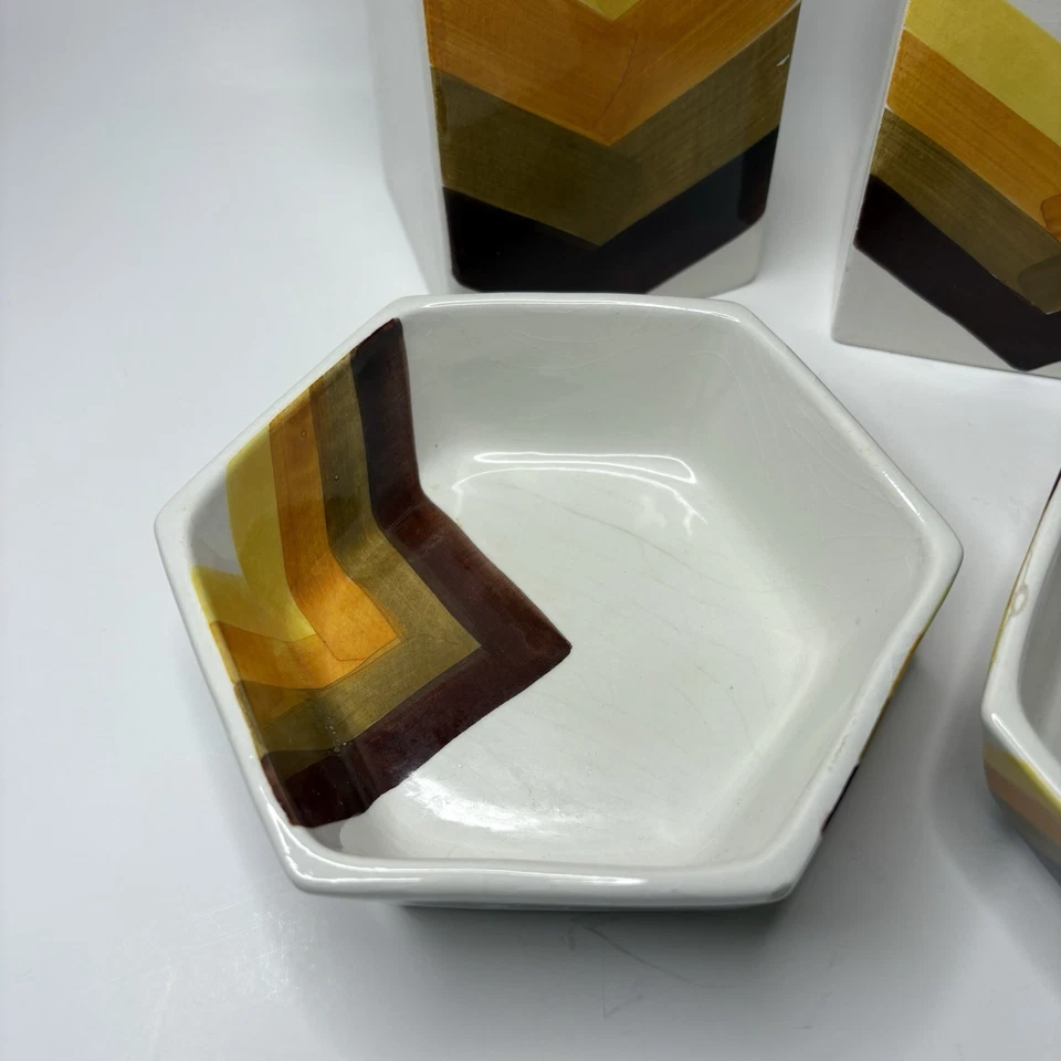 Italian Pottery Set Canisters And Bowls Yellow Orange Brown Chevron MCM Vintage - Image 4 of 4