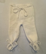 Vintage Hand Knit Baby Pants White Wool Drawstring Footed Bootie Cuffs 16X9  