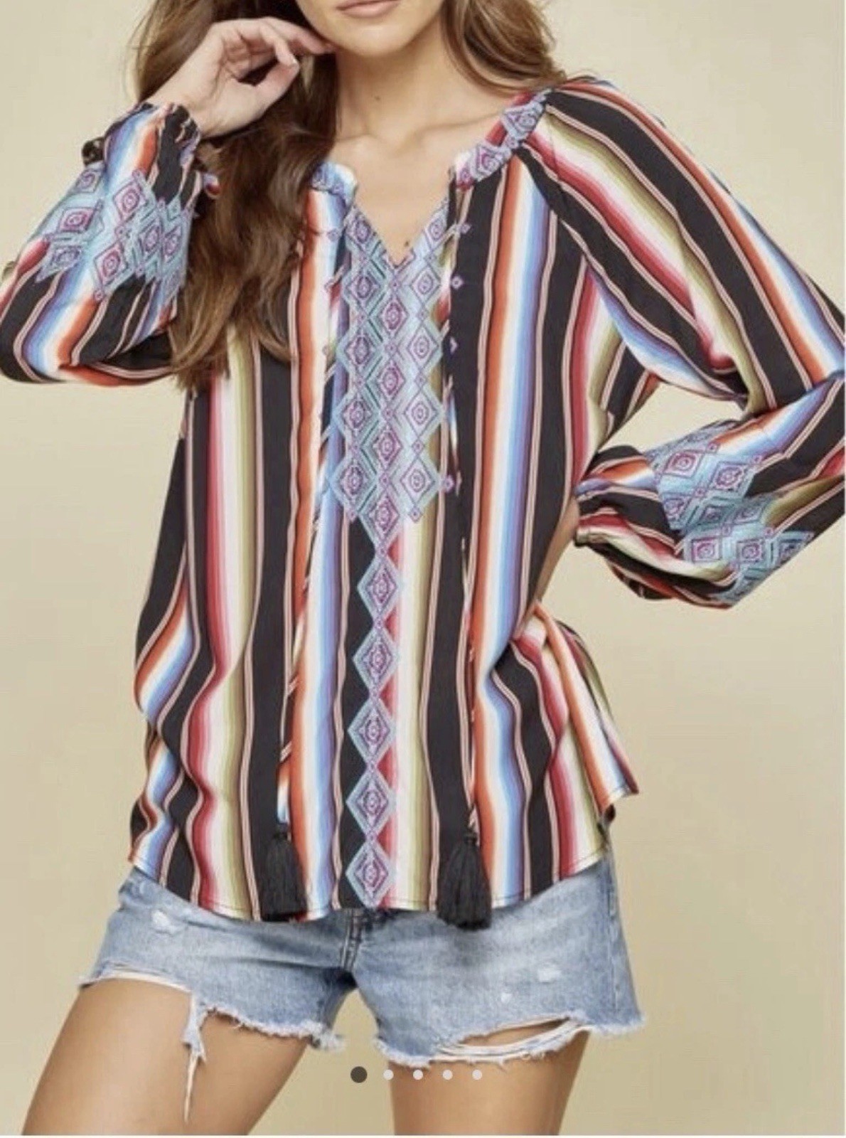 Savanna Jane Women’s Multicolor Embroidered Stripe Long Sleeve Tunic Top Size M