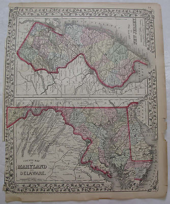Hand Colored Map Maryland Delaware New Jersey Baltimore