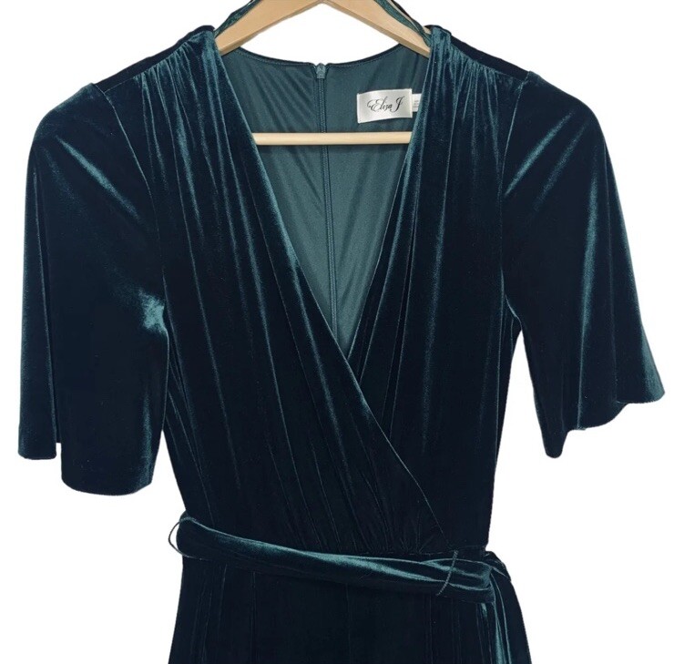 Eliza J Womens Jumpsuit Size 14 Green Velvet Wide Leg Faux Wrap
