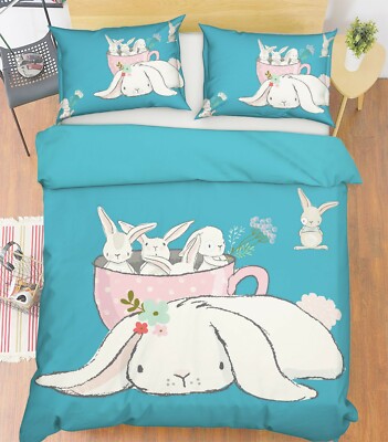 3D White Rabbit ZHUA1386 Bed Pillowcases Quilt Duvet Cover Set Queen King Zoe