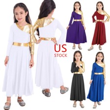 Kids Girls Metallic Praise Dance Dress Lyrical Worship Dancewear Long Dresses