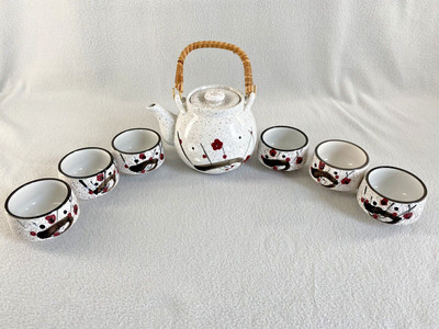 Vintage Asian Tea Set Teapot With Ratan Handle and 6 Cups Made in Japan
