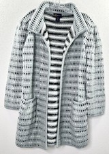 Vtg 70s LeRoy Knitwear Chunky Knit Gray Black Sweater Open Cardigan Womens Sz M