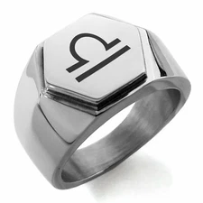 Stainless Steel Astrology Libra Mens Hexagon Crest Biker Style Signet Ring