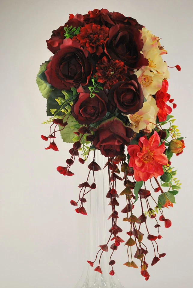 Unique Cascade Bridal Wedding Bouquet Artificial Silk Summer/Fall Garden Flowers - Image 3 of 4