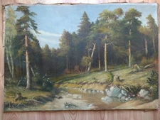 Vintage Oil Russian Painting Soviet USSR Socialist realism landscape forest 1973