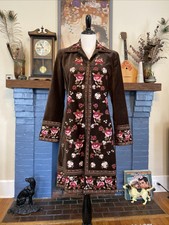 Nygard Sz 8 M Embroidered Floral Boho Long Velveteen Coat Jacket Penny Lane Vtg