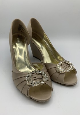 Womens s Tevolio Amalia Peep Toe Satin Wedge Pumps -Beige -8.5 Wedges Elegant