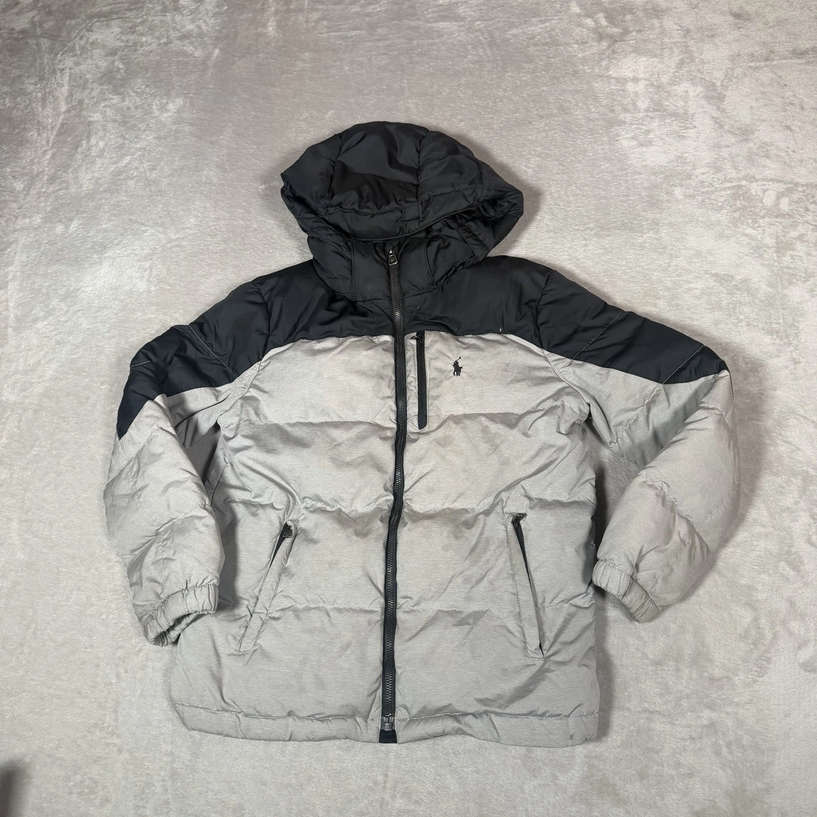 Polo Ralph Lauren Jacket Boys Medium Gray Full Zip Hooded Down Puffer Outdoors
