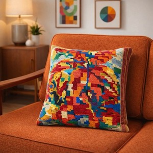 Vintage Mid Century Abstract Needlepoint Pillow 14” Handmade Wool Art