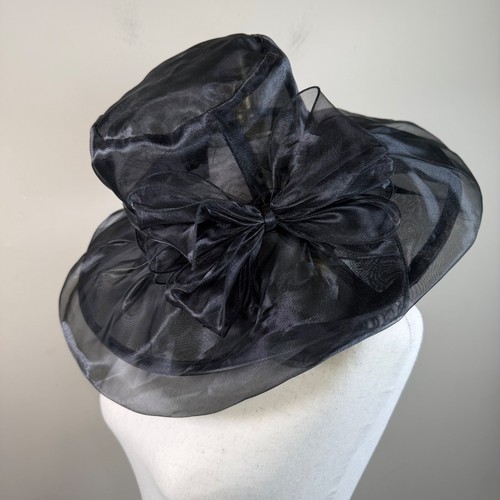 Black Wide Brim Organza Hat Large Bow Kentucky Derby Church Wedding