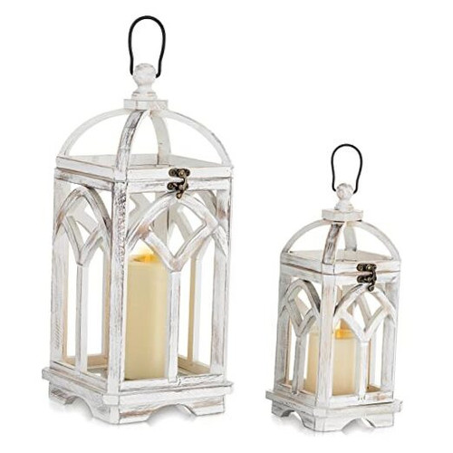 Wooden Candle Lantern Decorative Set of 2 Large Lanterns Vintage Distressed