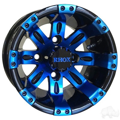 Set of 4 Wheels, RHOX Vegas, Black w/ Blue w/ Center Cap, 10x7 ET-25