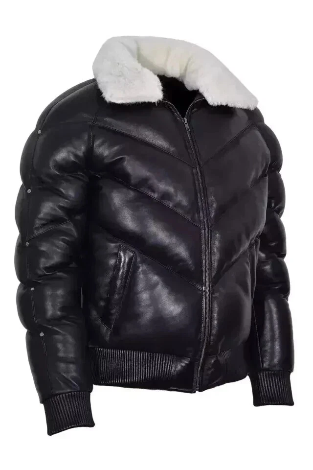 Chaqueta de cuero negra acolchada de invierno con cuello de piel de cordero real Puffer Bomber Foto 2 de 4