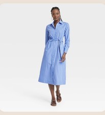 Universal Thread Blue Midi Shirtdress Women's Long Sleeve Tie-Front, Size S