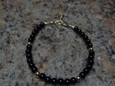 14k Gelbgold gefüllt 5mm schwarzer Onyx Edelstein Armband Adj 6,5''-8''