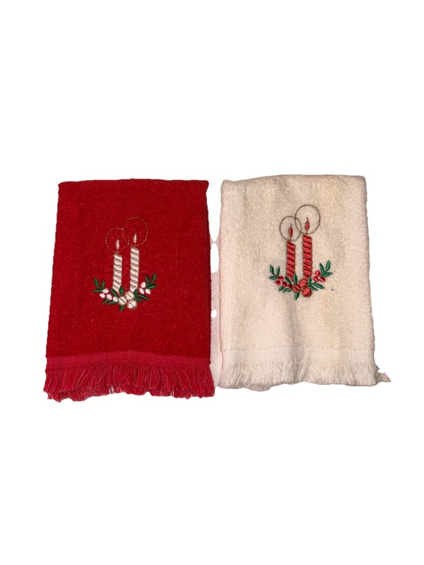 2 Vintage CANNON Christmas Holiday finger towels Fringed USA White Red