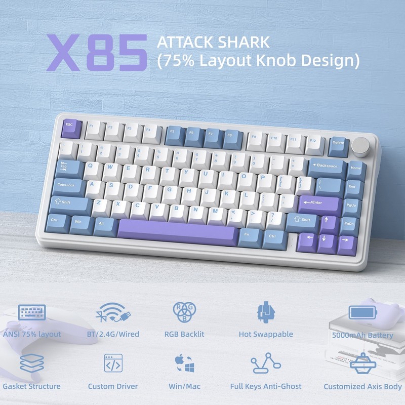 ATTACK SHARK X85 Wireless Tri-mode mechanical Gaming Keyboard  75% Hot-Swappable