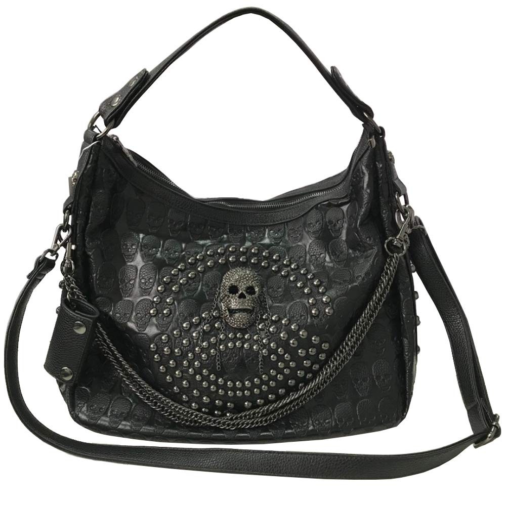 Women Skull Chain Handbag Large Capacity Gothic Shoulder Bag Studded Rivet