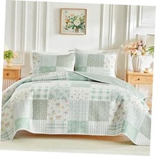Floral Patchwork Quilt Set Queen-90" x 90" 1 Quilt 2 Pillow Shams Green