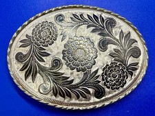 Oval Flower Leaf Etched Floral Theme Two Tone Western Ladies Belt Buckle - W USA