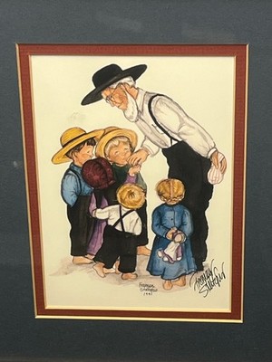 Freiman Stoltzfus Amish Artist Signed, ''Children Elder''  Wood Framed, Print 