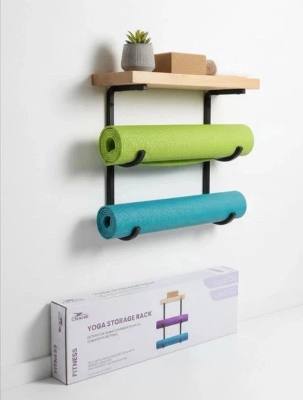 Crane Fitness Yoga Mat Storage Wooden Shelf Rack Holds 2 Mats Wall Mounted New